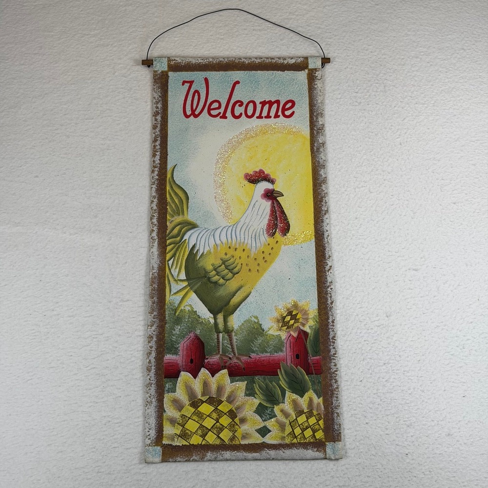 Rustic Rooster Welcome Canvas Wall Hanging Sunflower Farmhouse Decorβ 12x29